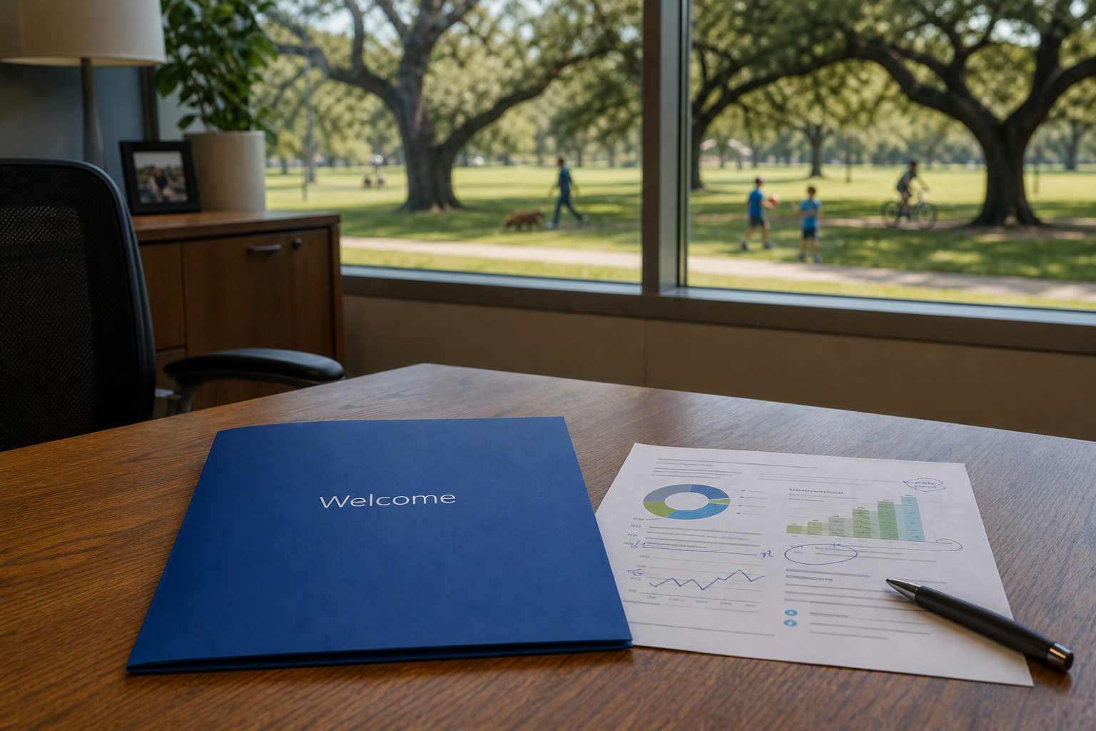 welcome packet and infographic on office desk with park out the window