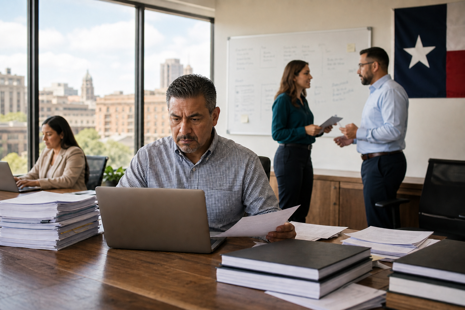 man working at computer on desk with workers in background